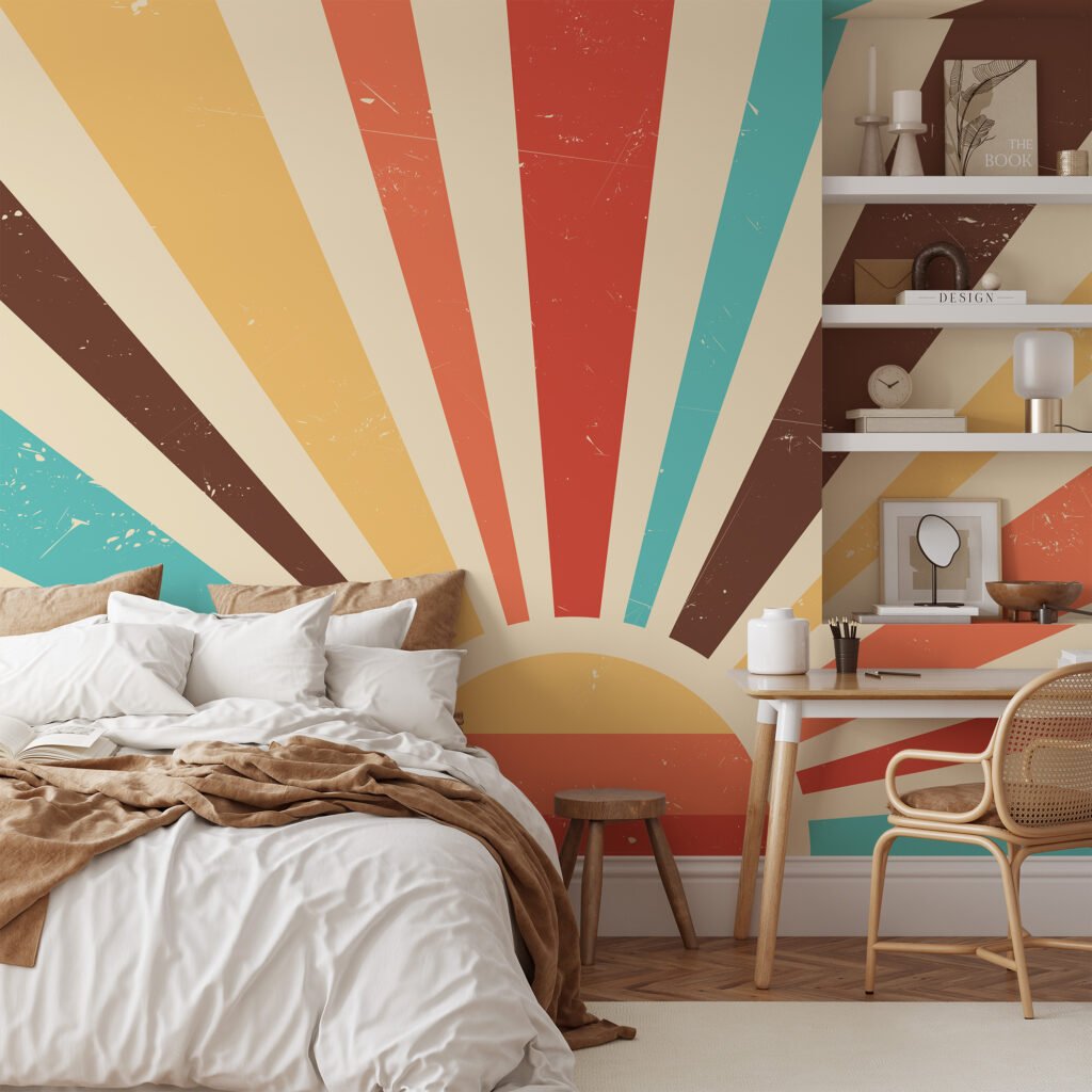 Renkli Retro Güneş Batımı Duvar Kağıdı, Soyut Güneş Işını Desenli 3D Duvar Kağıdı Soyut Duvar Kağıtları 2