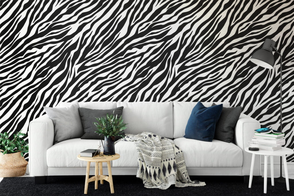 Zebra Derisi Baskı Deseni Duvar Kağıdı, Klasik Siyah & Beyaz Çizgili Tasarım 3D Duvar Kağıdı Hayvan Motifli Duvar Kağıtları 6