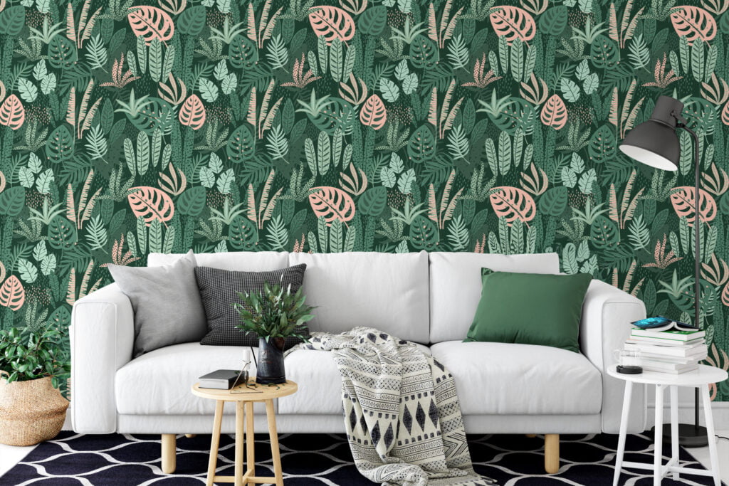 Yeşil Orman Flat Art Yapraklar Duvar Kağıdı, Koyu Yeşil ve Pembe Tropikal Yapraklar 3D Duvar Posteri Tropikal Duvar Kağıtları 6