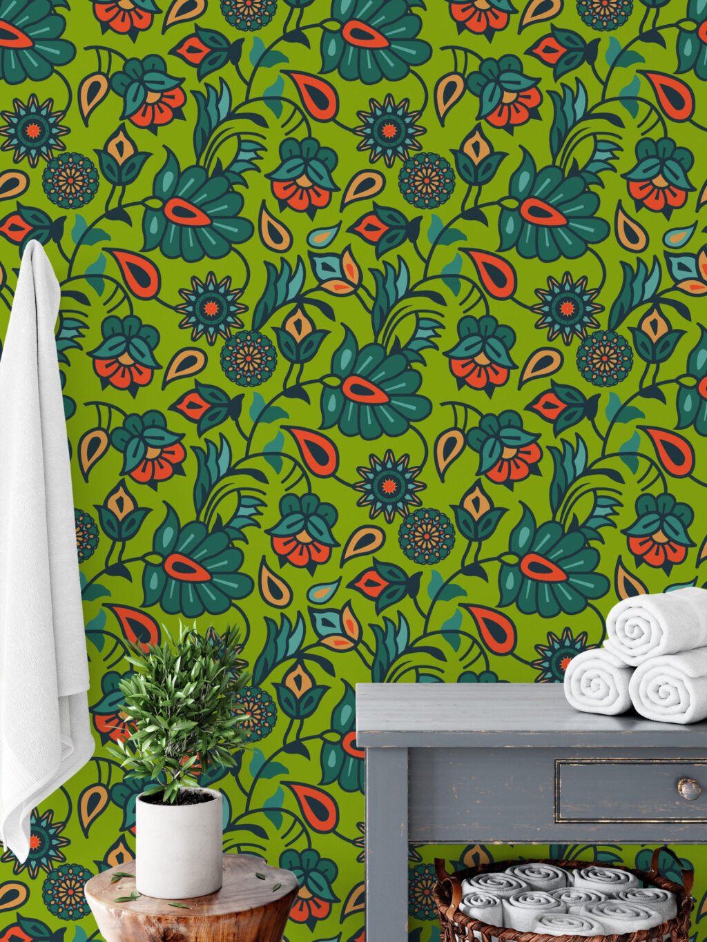 Flat Art Yeşil Çiçek Duvar Kağıdı, Canlı Retro Bahçe 3D Duvar Posteri Çiçekli Duvar Kağıtları 6