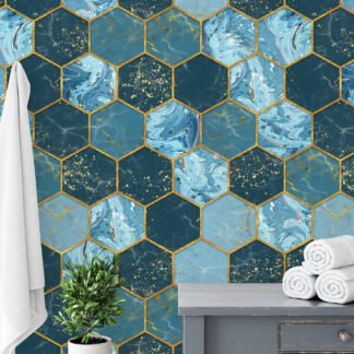 Teal Mavi Altın Rengi Vurgulu Altıgen Desen Duvar Kağıdı, Lüks Mavi Geometrik Duvar Kağıdı Geometrik Duvar Kağıtları 2