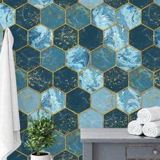 Teal Mavi Altın Rengi Vurgulu Altıgen Desen Duvar Kağıdı, Lüks Mavi Geometrik Duvar Kağıdı Geometrik Duvar Kağıtları
