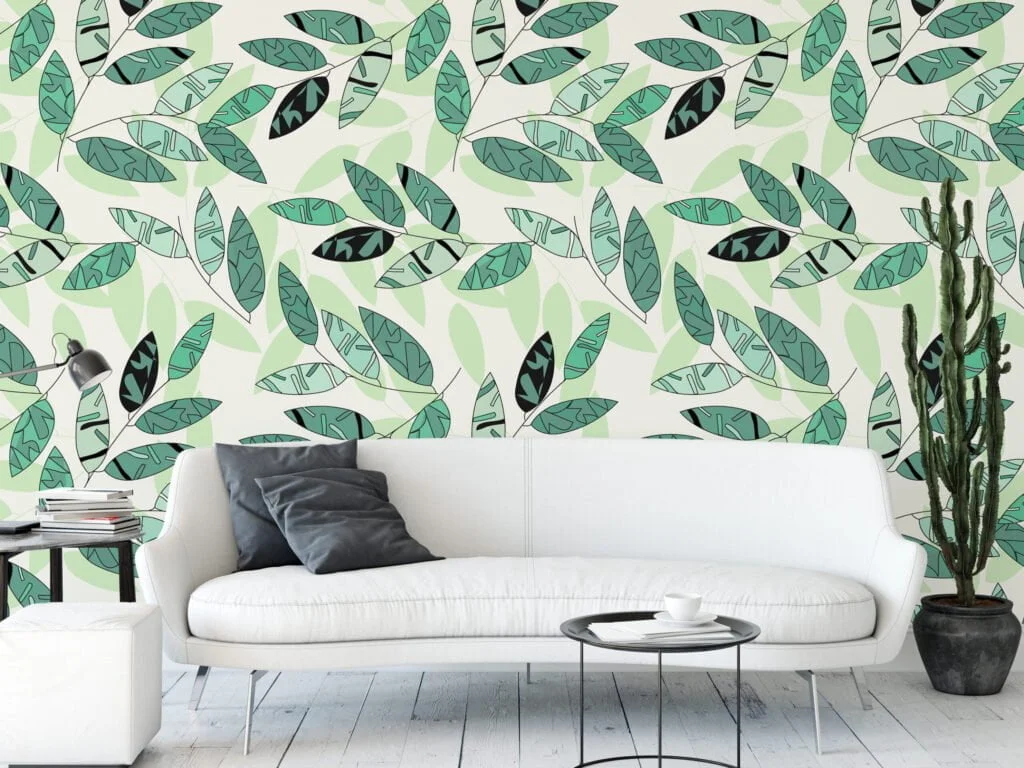 Soyut Yeşil Yapraklar Duvar Kağıdı, Taze Yeşil Botanik Tasarım 3D Duvar Posteri Yaprak Desenli Duvar Kağıtları 2