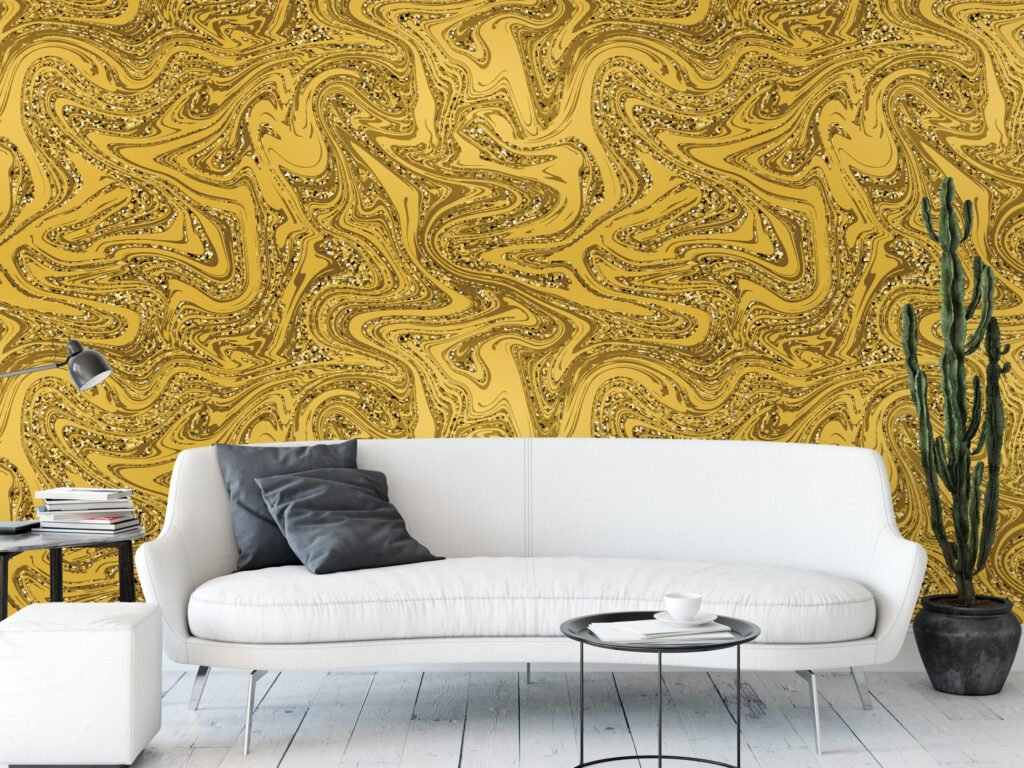 Parıltılı Altın Sarısı Mermer Desenli Duvar Kağıdı, Soyut Sıvı Altın Dalgalar Duvar Kağıdı Mürekkep Sanatı Duvar Kağıtları 6