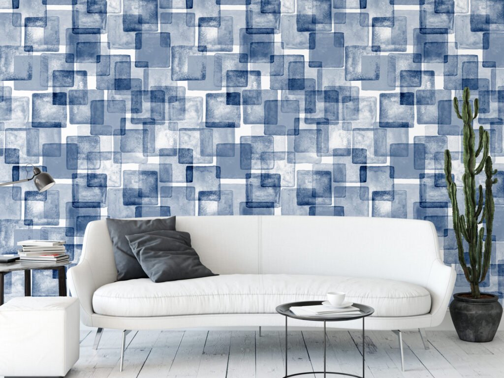 Sulu Boya Tarzı Mavi Kareler Geometrik Duvar Kağıdı, Sanatsal Kübist 3D Duvar Posteri Geometrik Duvar Kağıtları 3