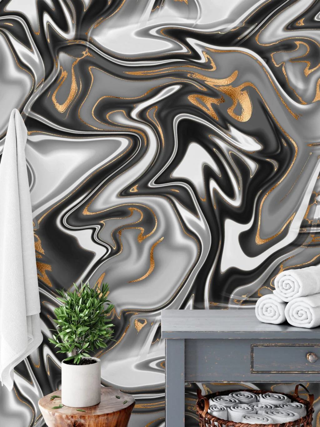 Siyah ve Gri Soyut Girdap Desenli Duvar Kağıdı, Altın Yaldızlı Şık Lüks Duvar Posteri 3D Duvar Kağıtları 2