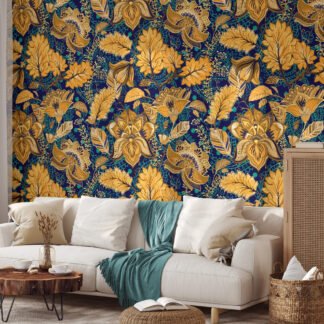 Sarı Çiçekli Paisley Desenli Duvar Kağıdı, Lüks Altın Çiçekli Art Deco 3D Duvar Posteri Çiçekli Duvar Kağıtları