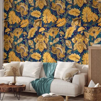 Sarı Çiçekli Paisley Desenli Duvar Kağıdı, Lüks Altın Çiçekli Art Deco 3D Duvar Posteri Çiçekli Duvar Kağıtları