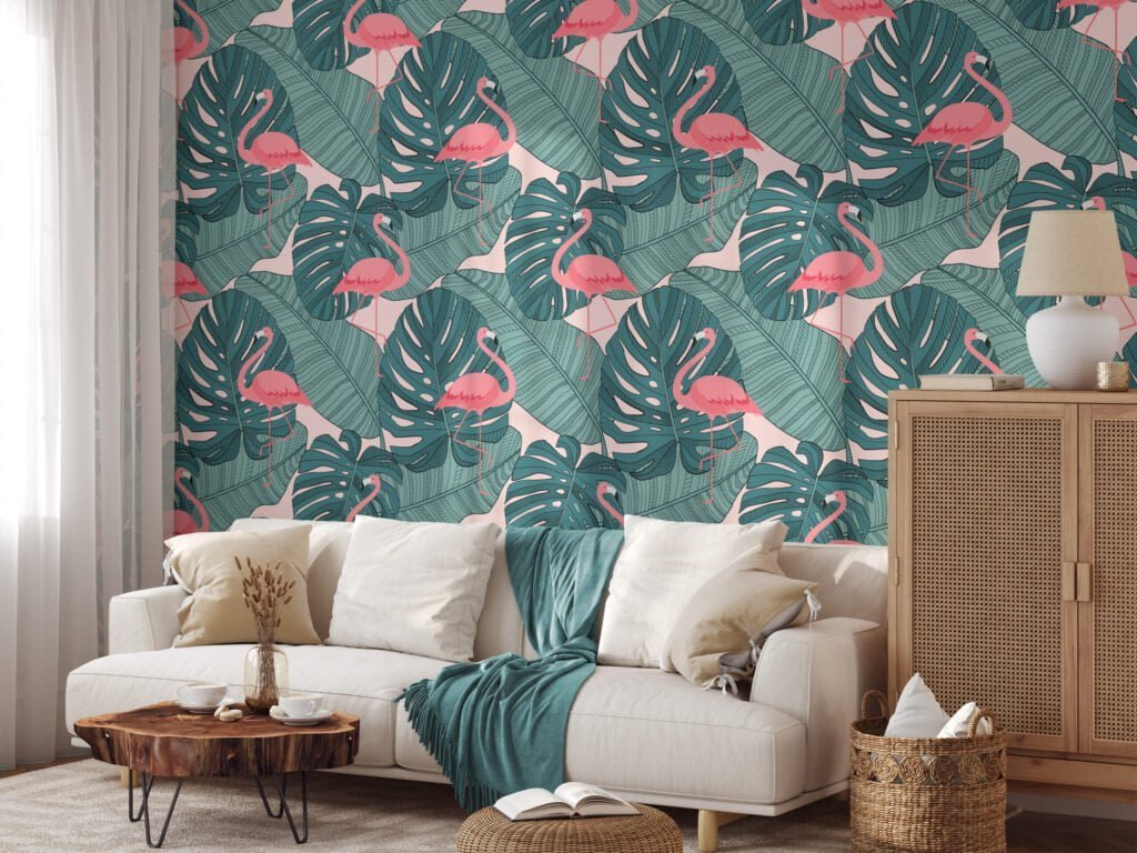 Büyük Monstera Yaprakları Pembe Flamingolar Duvar Kağıdı, Şık Flamingolar 3D Duvar Kağıdı Tropikal Duvar Kağıtları 2