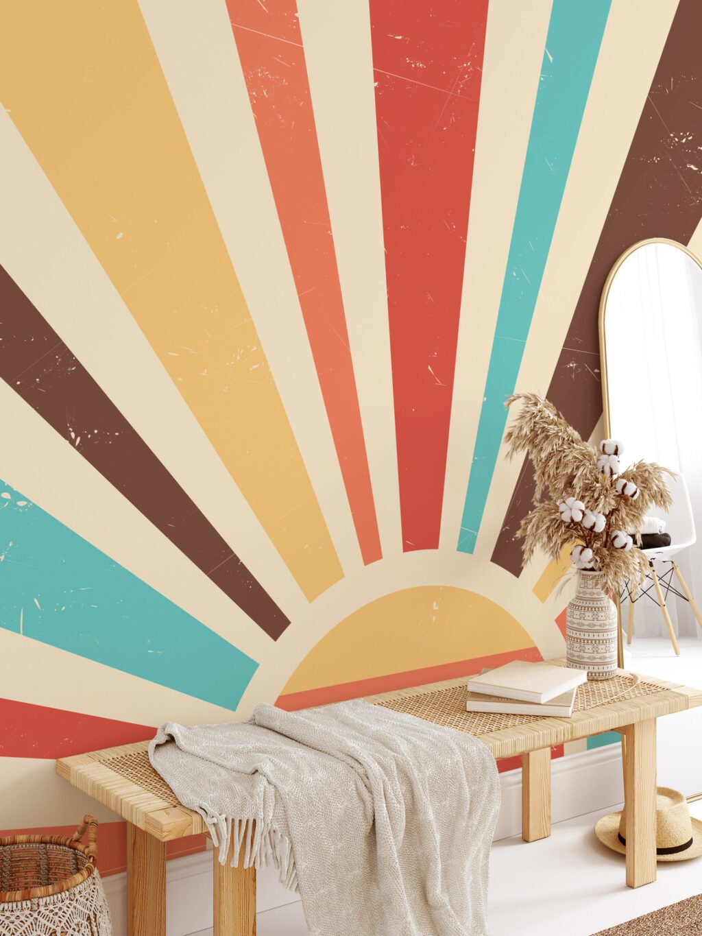 Renkli Retro Güneş Batımı Duvar Kağıdı, Soyut Güneş Işını Desenli 3D Duvar Kağıdı Soyut Duvar Kağıtları 6