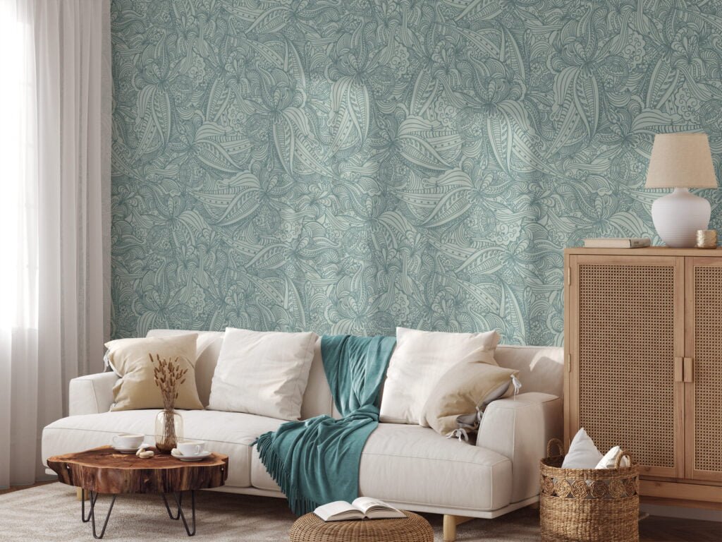 Mint Arka Planlı Damask Line Art Duvar Kağıdı, Zarif Pastel Duvar Kağıdı Line Art Duvar Kağıdı 5