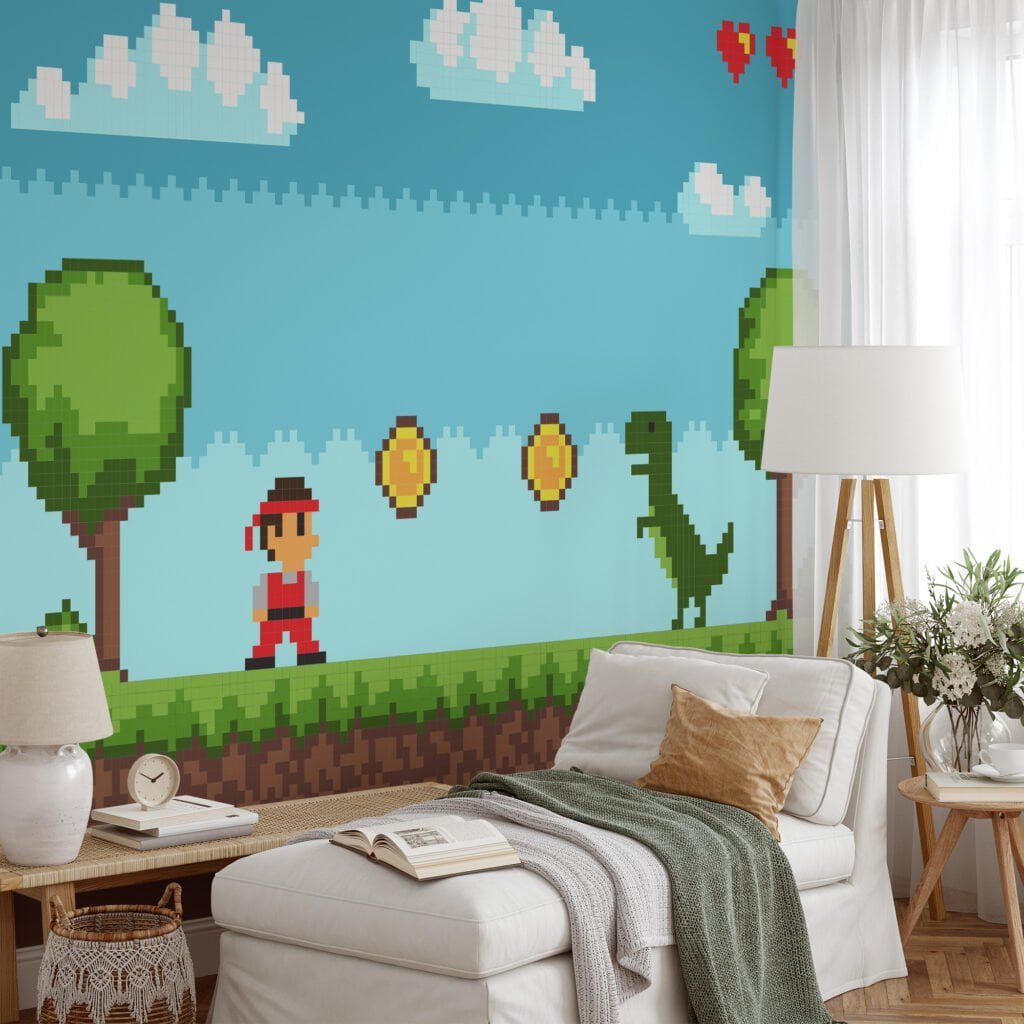Pixel Art Oyun Seviye Platformu Dinozorlu Duvar Kağıdı, Klasik 8-bit Macera Oyun Sahnesi 3D Duvar Posteri Çocuk Odası Duvar Kağıtları 6