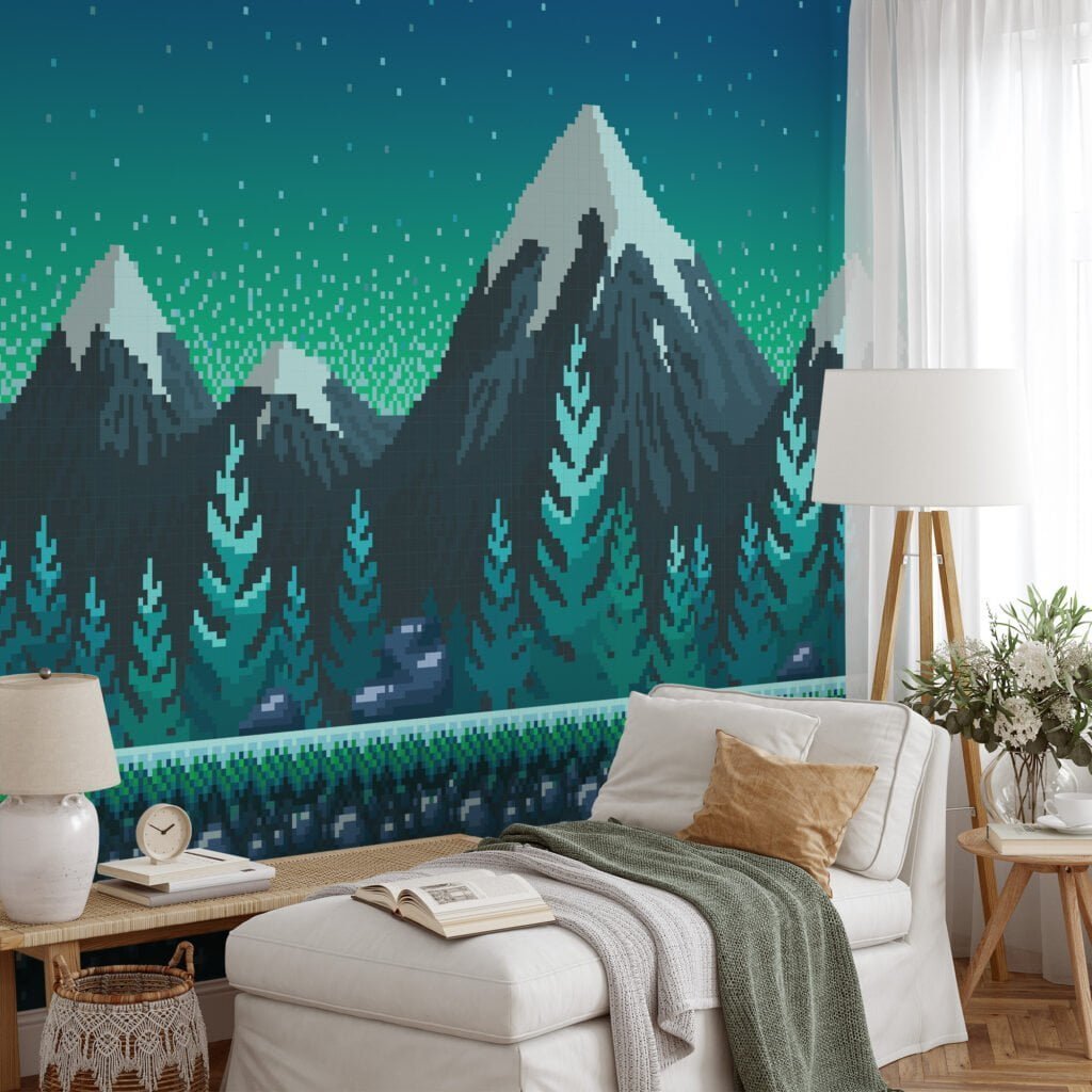 Pixel Art Karlı Dağlar ve Ağaçlar Duvar Kağıdı, Piksel Dağ Zirveleri 3D Duvar Posteri Manzara Duvar Kağıtları 6