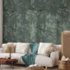 Koyu Salbei Renkli Çiçekli Damask Stil Duvar Kağıdı, Zarif Art Deco 3D Duvar Posteri - Görsel 4