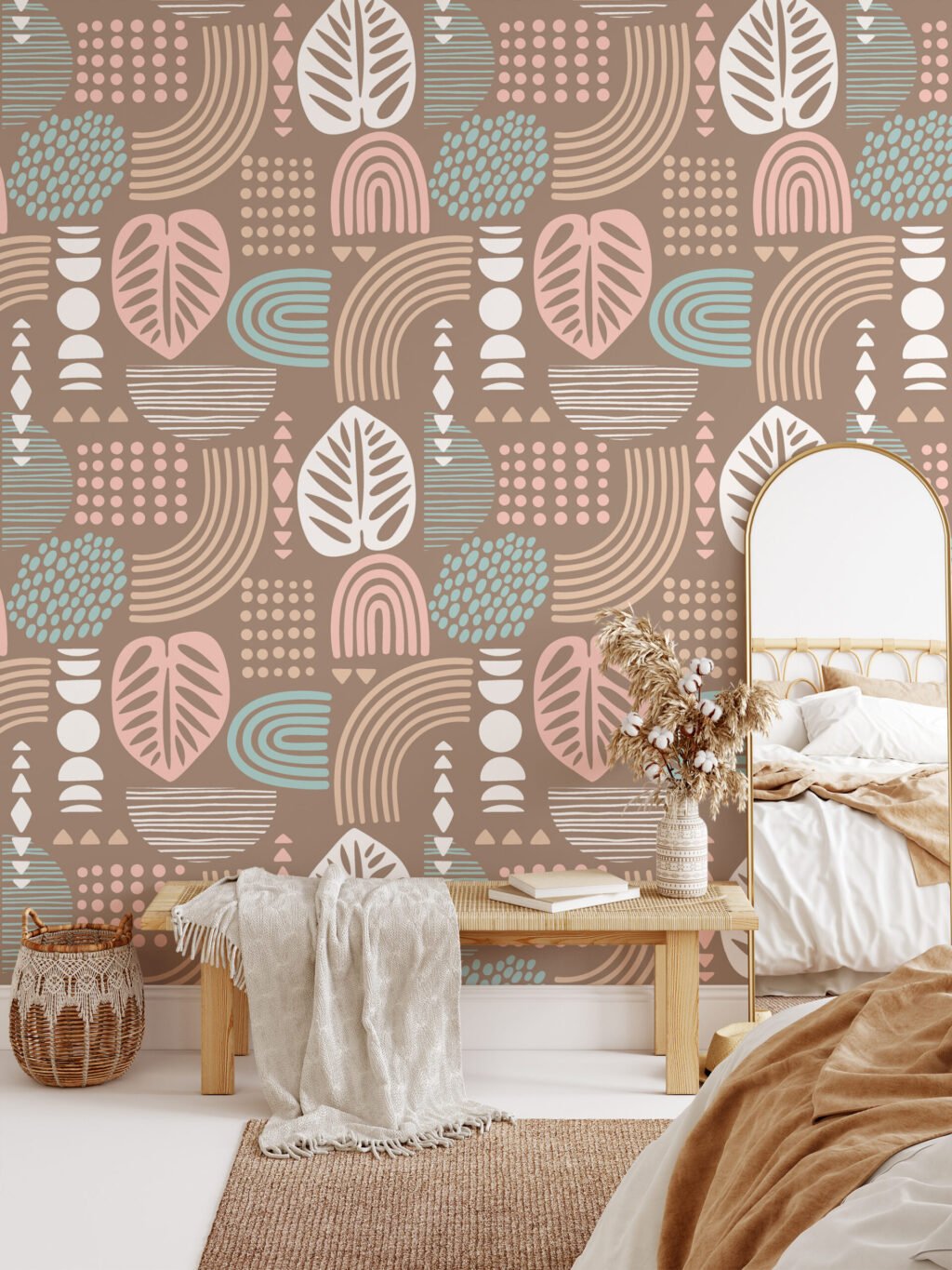 Pastel Renkli Nötr Boho Duvar Kağıdı, Modern Geometrik Soyutlama Duvar Posteri Çiçekli Duvar Kağıtları 5