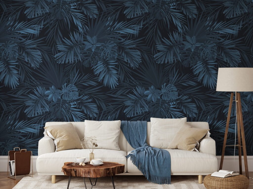 Gece Mavisi Tropikal Yapraklar Duvar Kağıdı, Lüks Koyu Yaprak Desenli 3D Duvar Posteri Yaprak Desenli Duvar Kağıtları 6