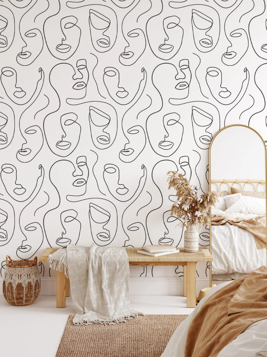 Soyut İnsan Yüzleri Line Art Desen Duvar Kağıdı, Minimalist Sanatsal Duvar Kağıdı Line Art Duvar Kağıdı 4