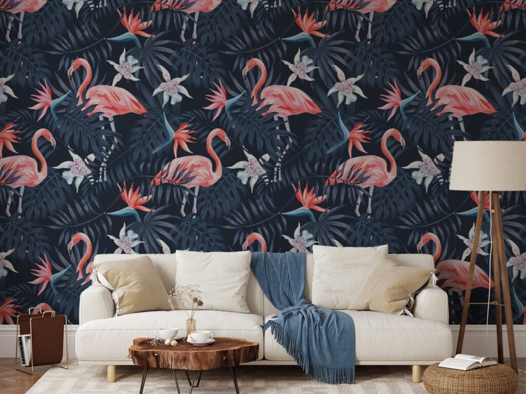 Koyu Mavi Tropikal Yapraklarla Flamingolar Duvar Kağıdı, Muhteşem Flamingolar 3D Duvar Posteri Hayvan Motifli Duvar Kağıtları 6