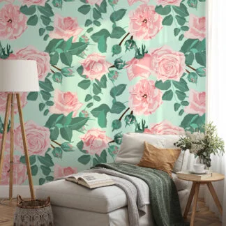 Pastel Pembe Yeşil Güller Duvar Kağıdı, Soft Pembe Çiçekler Duvar Posteri Çiçekli Duvar Kağıtları