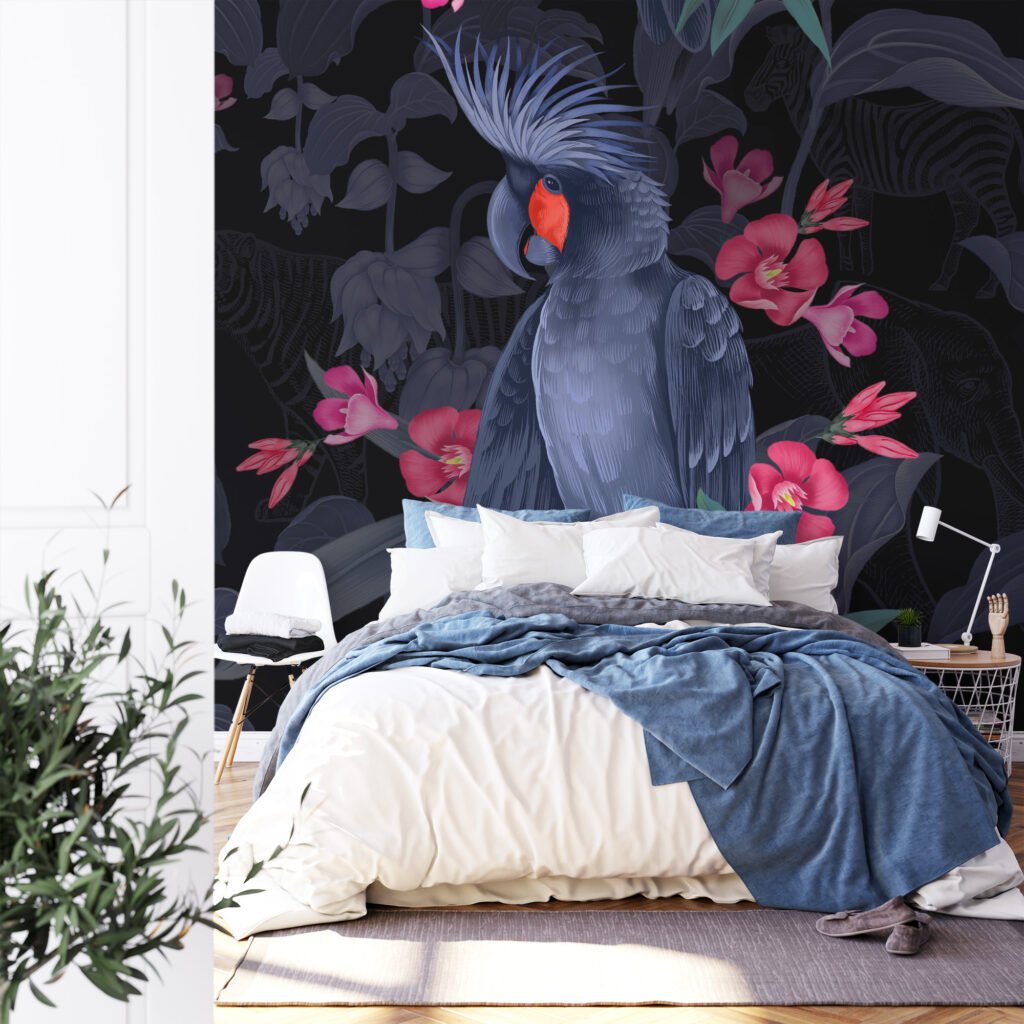 Koyu Gece Mavisi Büyük Papağan ve Pembe Çiçekler Duvar Kağıdı, Şık Tropikal Duvar Posteri Çiçekli Duvar Kağıtları 5