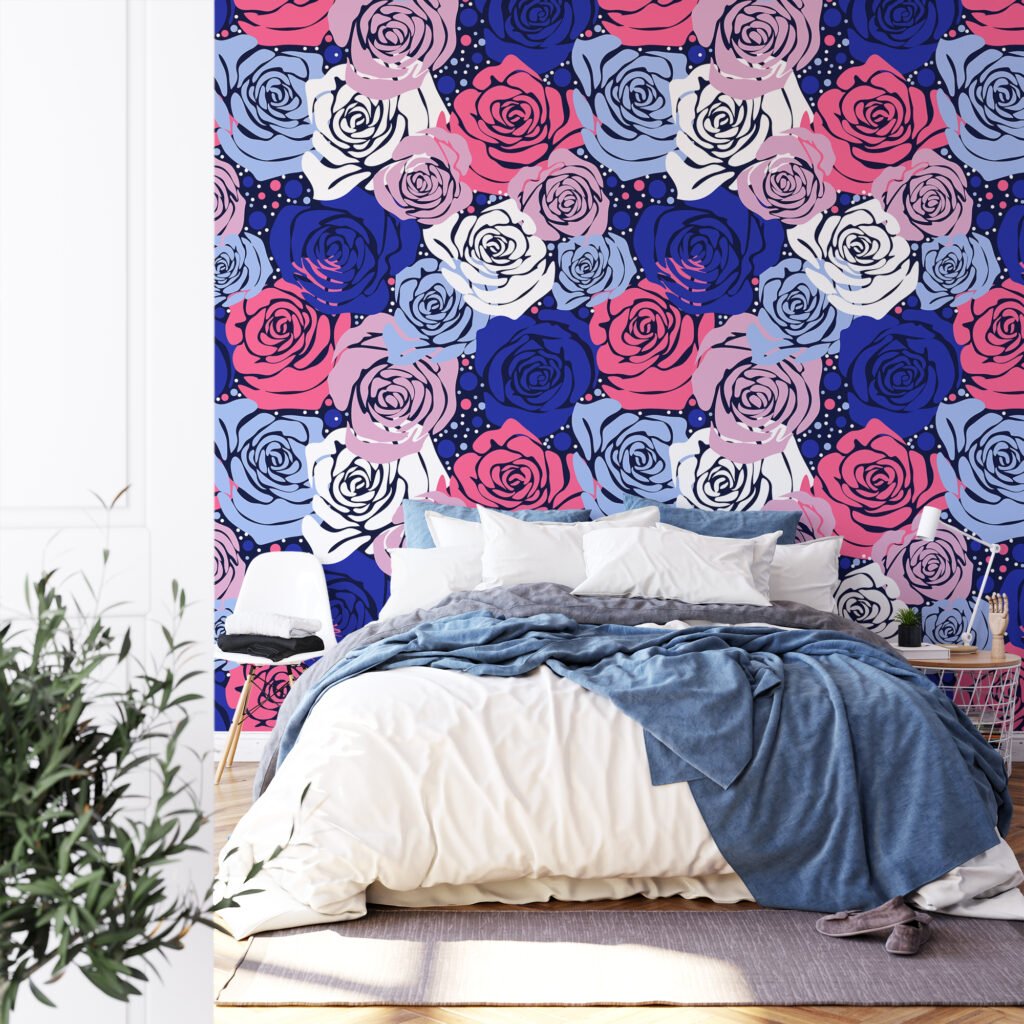 Renkli Abstract Gül Desenli Duvar Kağıdı, Cesur Mavi & Pembe Çiçek Tasarımı 3D Duvar Posteri Çiçekli Duvar Kağıtları 6