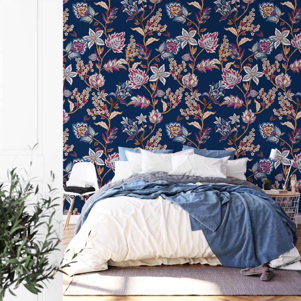 Floral Paisley Damask Desen Duvar Kağıdı, Zarif Koyu Lacivert Floral Duvar Posterleri Çiçekli Duvar Kağıtları 5