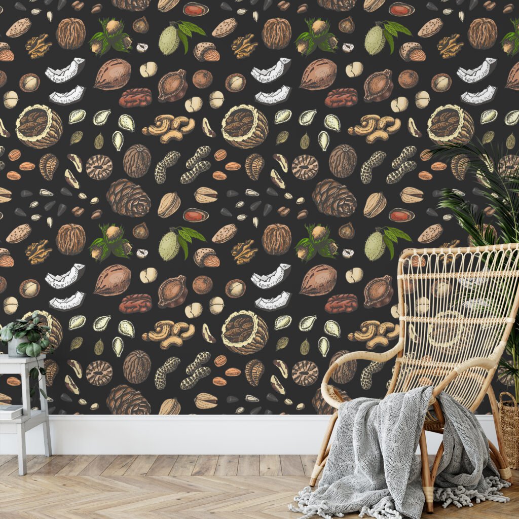 Fındık ve Tohumlar El Çizimi Duvar Kağıdı, Rustik Mutfak Şıklığı 3D Duvar Posteri Yiyecek & İçecek Duvar Kağıtları 2