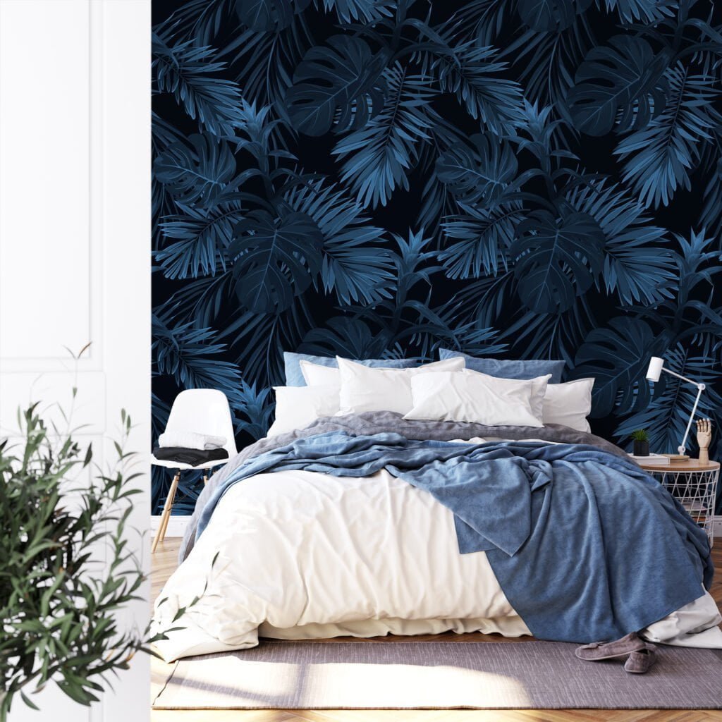 Koyu Mavi Tropikal Yapraklar Duvar Kağıdı, Koyu Şık 3D Yaprak Desenli Duvar Posteri Yaprak Desenli Duvar Kağıtları 5