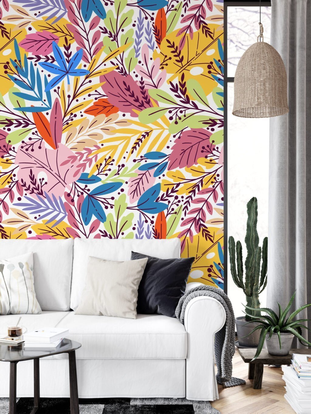 Renkli Yapraklar Duvar Kağıdı, Rengarenk Yaprak Desenli 3D Duvar Kağıdı Çiçekli Duvar Kağıtları 6