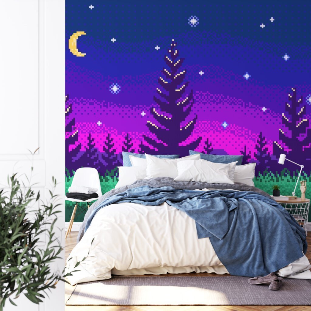 Pixel Art Gece Ağaçları Mor Gradyan Arka Plan Duvar Kağıdı, Piksel Yıldızlı Gece Ormanı 3D Duvar Posteri Pixel Art Duvar Kağıtları 4