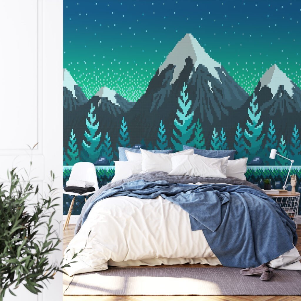 Pixel Art Karlı Dağlar ve Ağaçlar Duvar Kağıdı, Piksel Dağ Zirveleri 3D Duvar Posteri Manzara Duvar Kağıtları 4