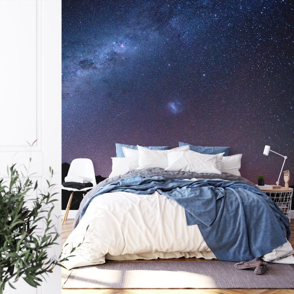 Gökyüzündeki Yıldız Işıkları Duvar Kağıdı, Dağların Üstündeki Yıldızlı Gece 3D Duvar Posteri Uzay & Galaksi Duvar Kağıtları 6