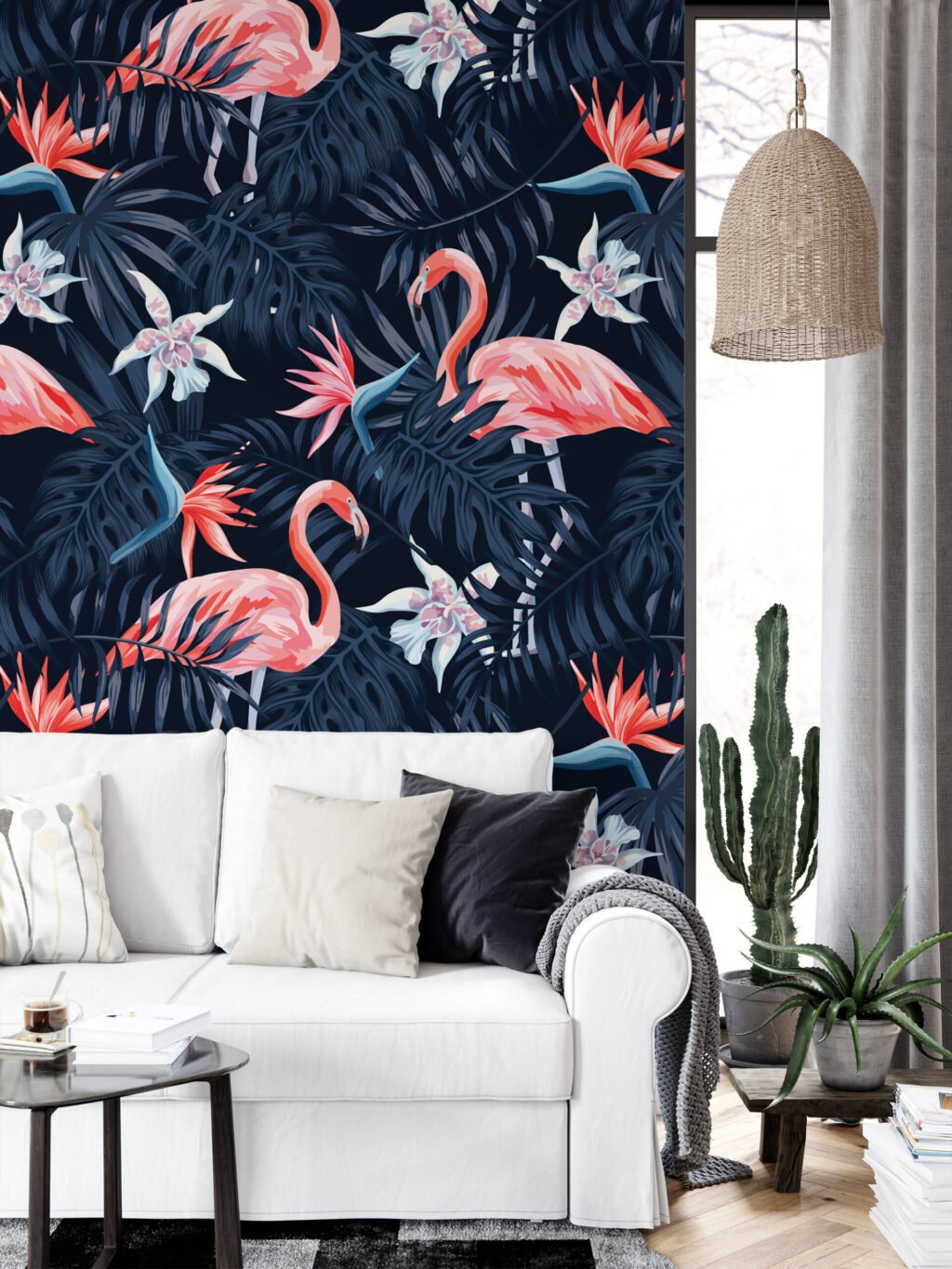 Koyu Mavi Tropikal Yapraklarla Flamingolar Duvar Kağıdı, Muhteşem Flamingolar 3D Duvar Posteri Hayvan Motifli Duvar Kağıtları 2