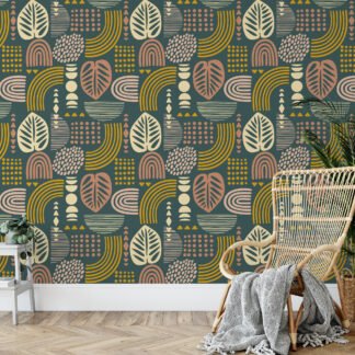 Boho Yaprak Şekilleri Desenli Duvar Kağıdı, Botanik Soyut 3D Duvar Posteri Vintage & Retro Duvar Kağıtları