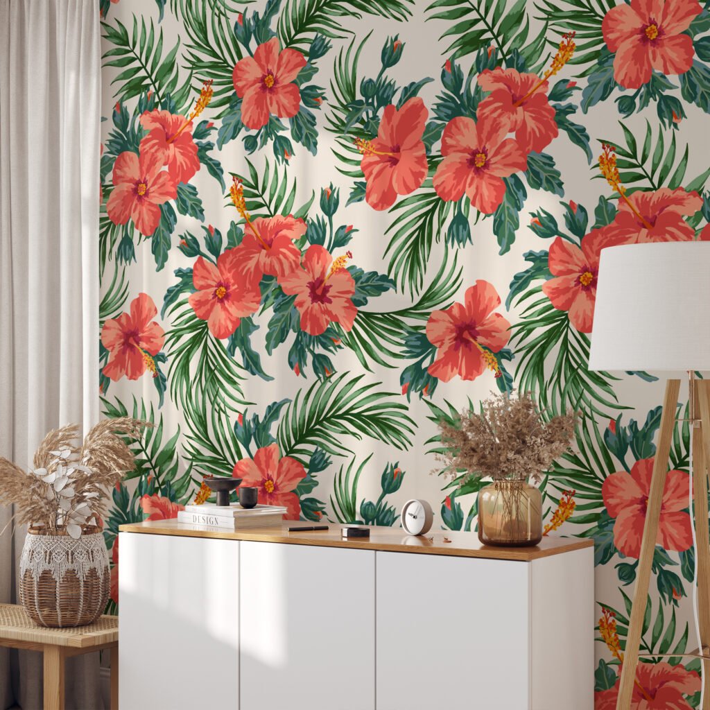 Şeftali Pembe Çiçek ve Yaprak Desenli Duvar Kağıdı Tasarımı, Yemyeşil Tropik Duvar Posteri Çiçekli Duvar Kağıtları 5