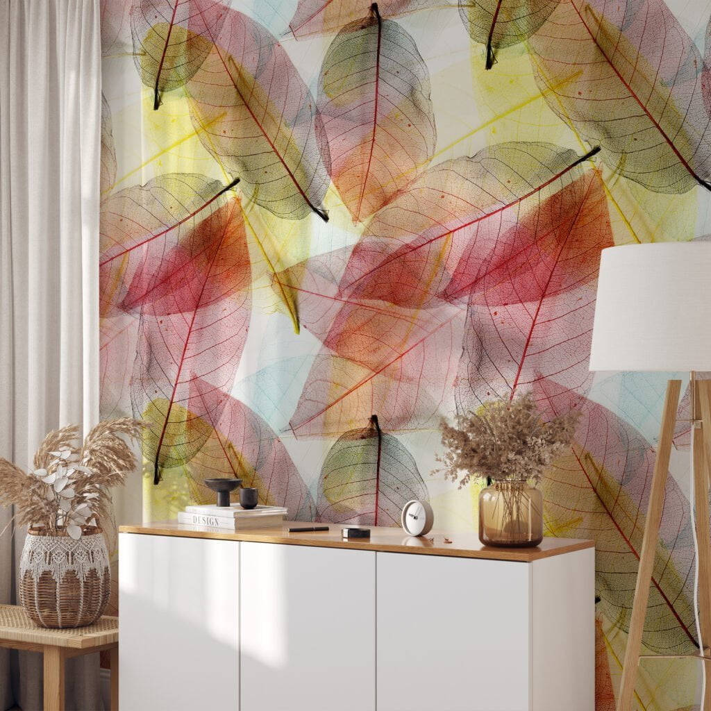 Büyük Renkli Yapraklar Duvar Kağıdı, Saydam Sonbahar Yapraklı 3D Duvar Posteri Yaprak Desenli Duvar Kağıtları 2