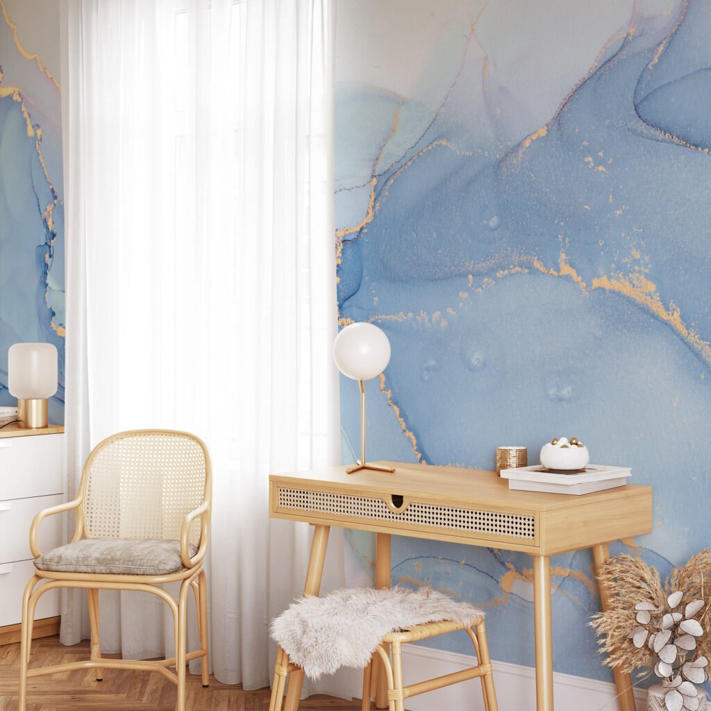 Yumuşak Tonlu Mavi Mürekkep Sanatı Mermer Desenli Duvar Kağıdı Bebek Odası Duvar Kağıtları 10