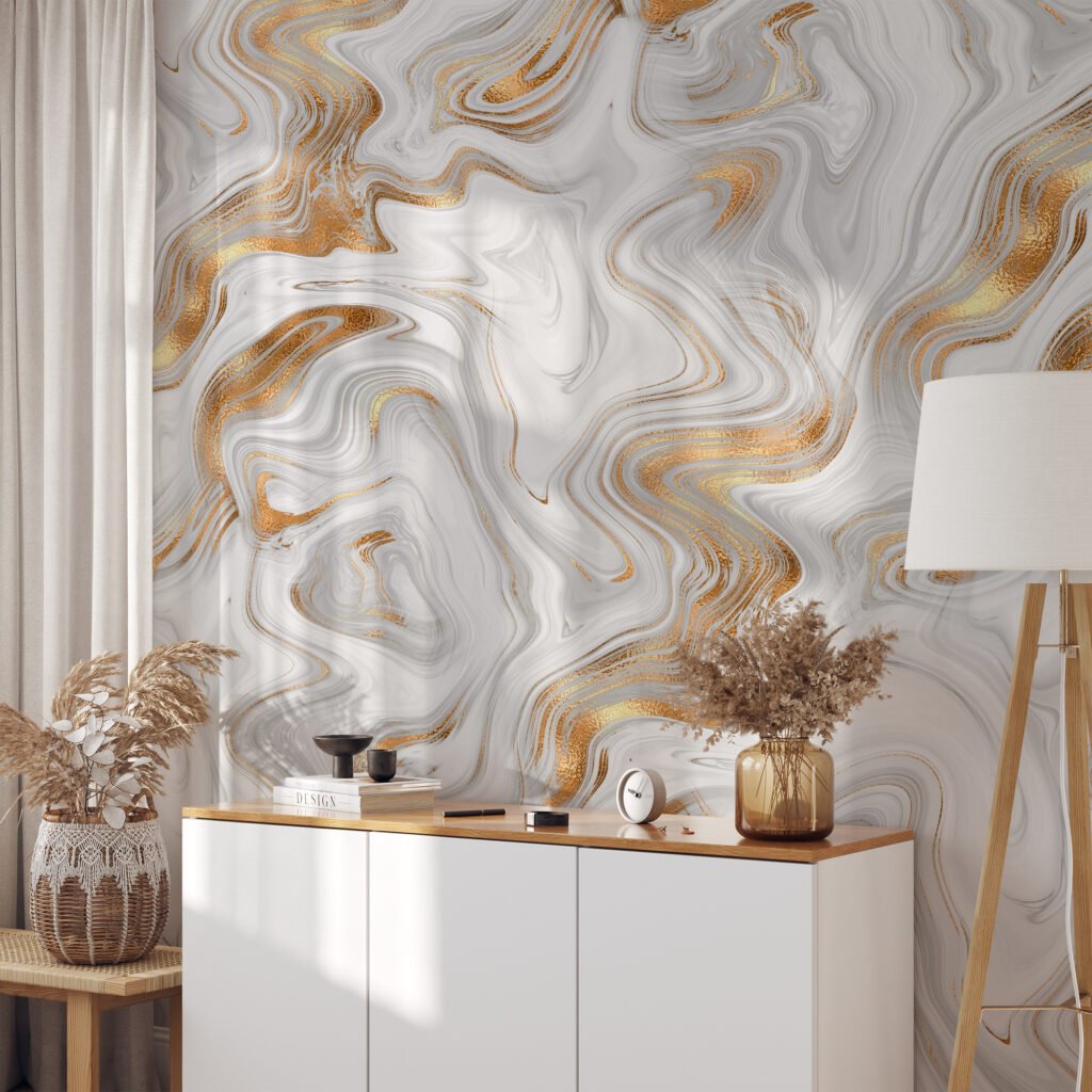 Soyut Beyaz ve Altın Spiral Duvar Kağıdı, Lüks Mermer 3D Duvar Posteri Mürekkep Sanatı Duvar Kağıtları 6