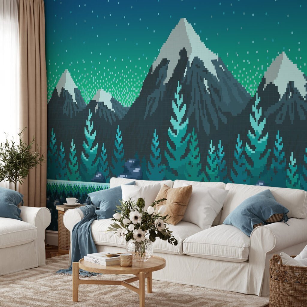 Pixel Art Karlı Dağlar ve Ağaçlar Duvar Kağıdı, Piksel Dağ Zirveleri 3D Duvar Posteri Manzara Duvar Kağıtları 5
