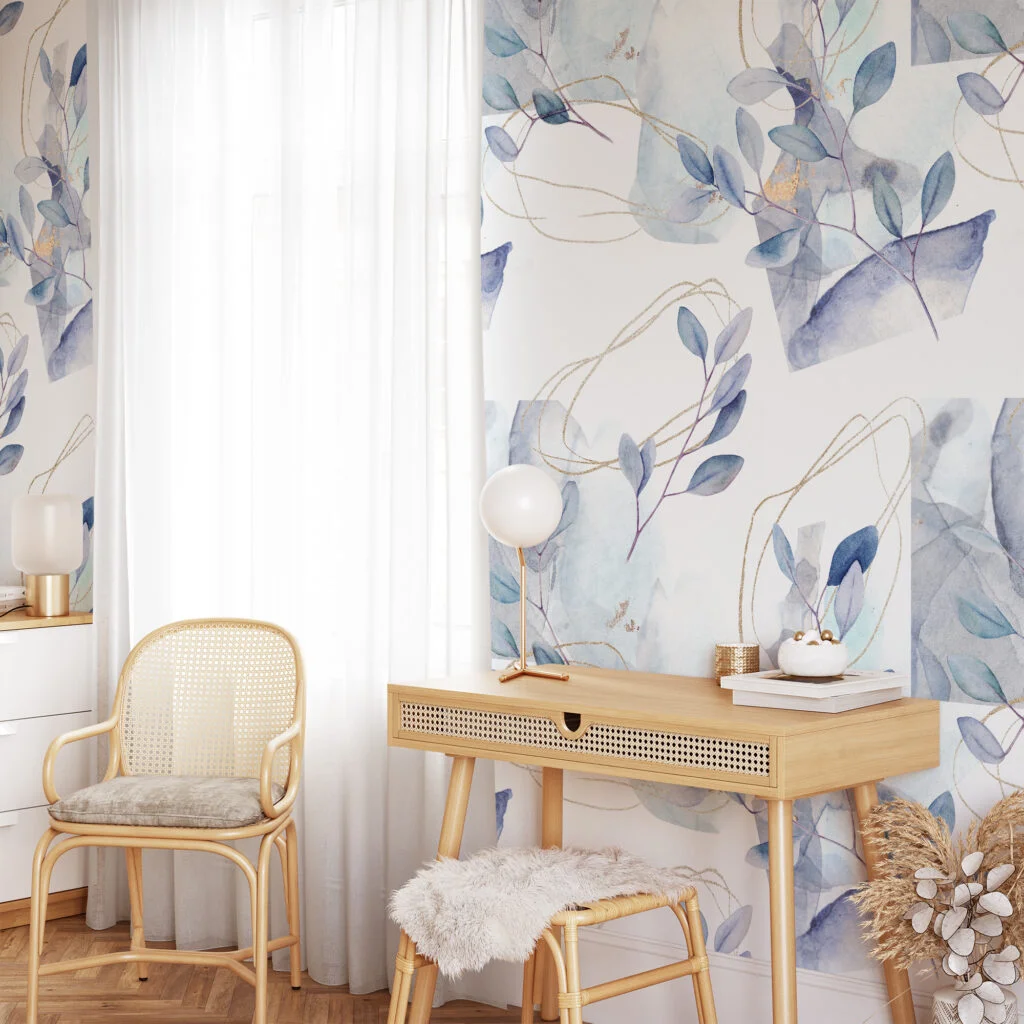 Sulu Boya Tarzı Pastel Yapraklı Dallar Duvar Kağıdı, Mavi Mor Yapraklar 3D Duvar Posteri Çiçekli Duvar Kağıtları 5