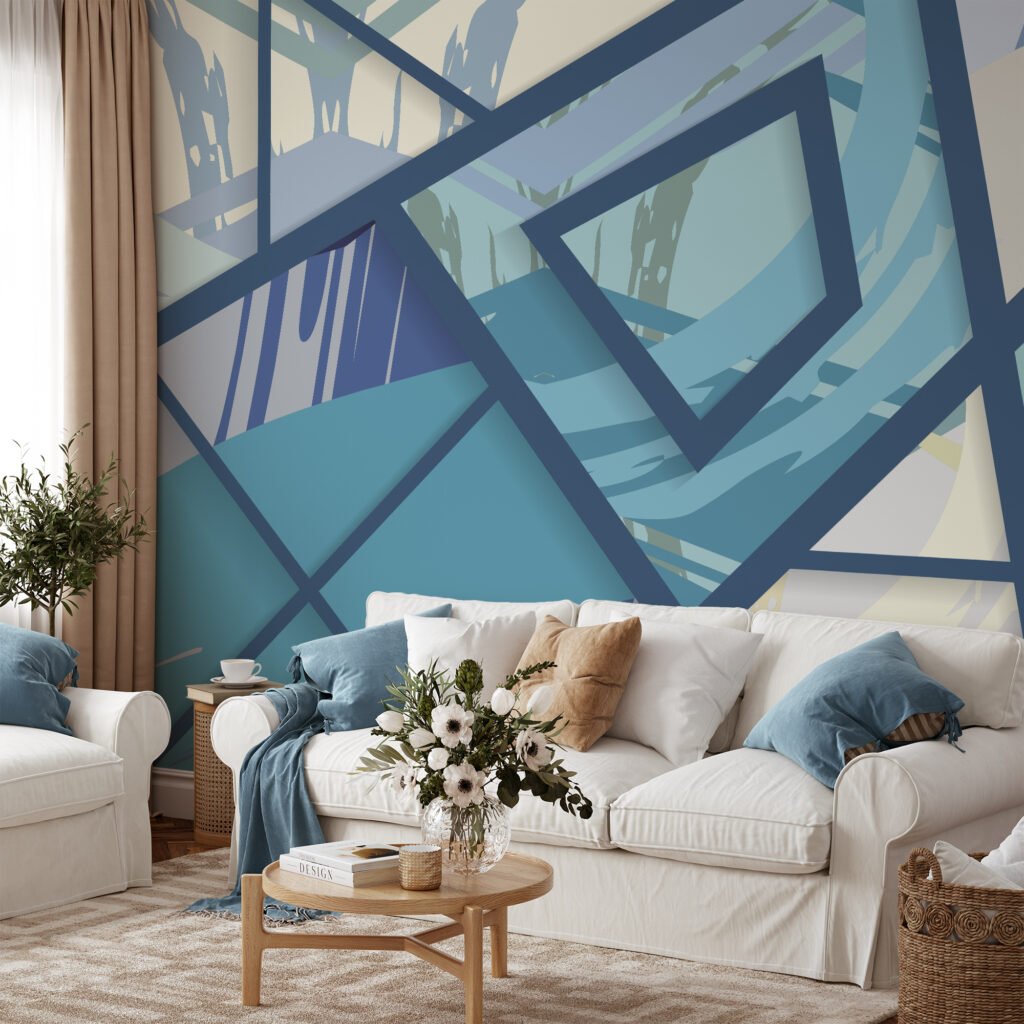 Modern Mavi Sıçramalar ile Büyük Geometrik Duvar Kağıdı, Mavi Açılı Desenli 3D Duvar Posteri 3D Duvar Kağıtları 7