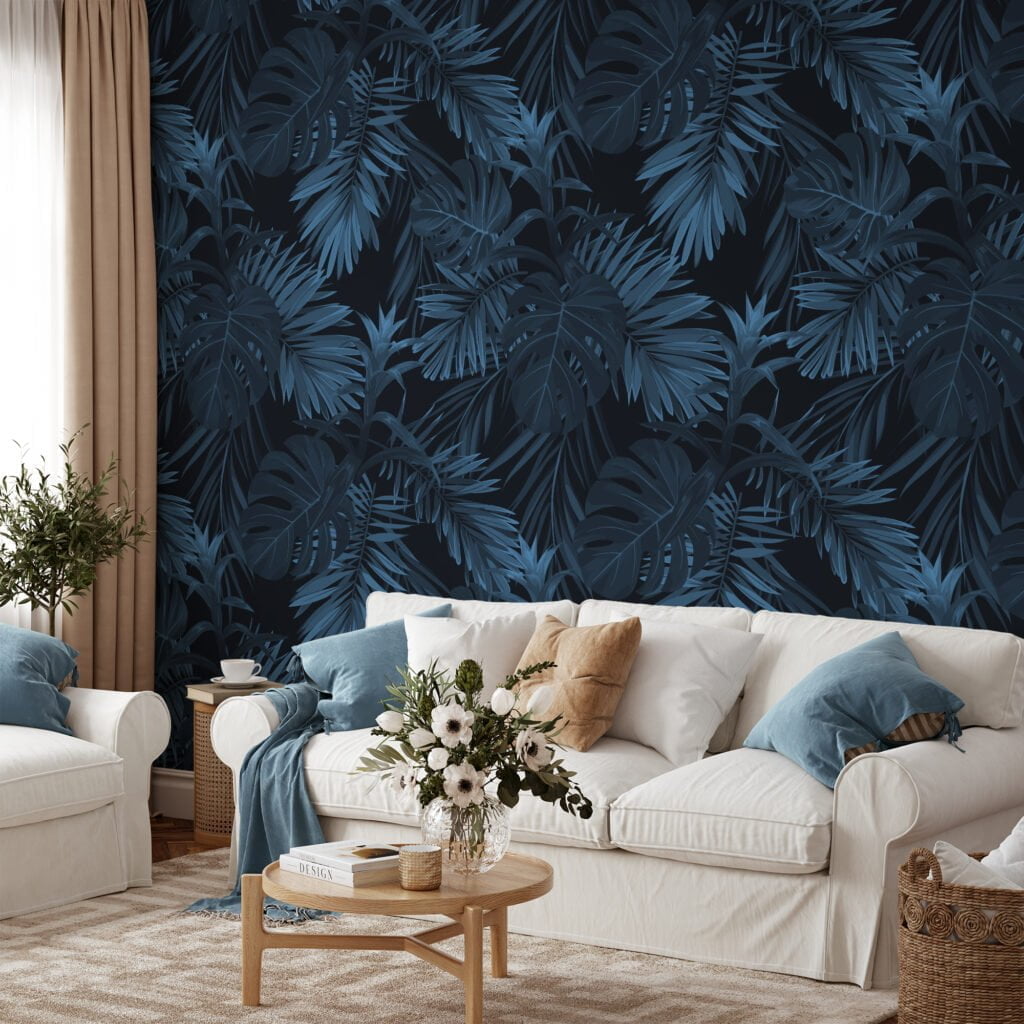 Koyu Mavi Tropikal Yapraklar Duvar Kağıdı, Koyu Şık 3D Yaprak Desenli Duvar Posteri Yaprak Desenli Duvar Kağıtları 4