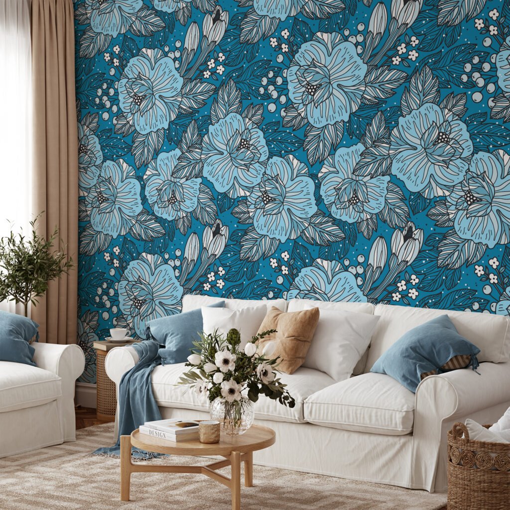 Mavi Renkli Çerçeveli Çiçek Desenli Duvar Kağıdı, Mavi Çiçek Tasarımı 3D Duvar Posteri Çiçekli Duvar Kağıtları 3