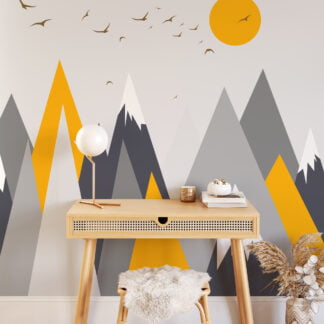 Minimalist Gri ve Sarı Dağlar İllüstrasyon Duvar Kağıdı Geometrik Duvar Kağıtları
