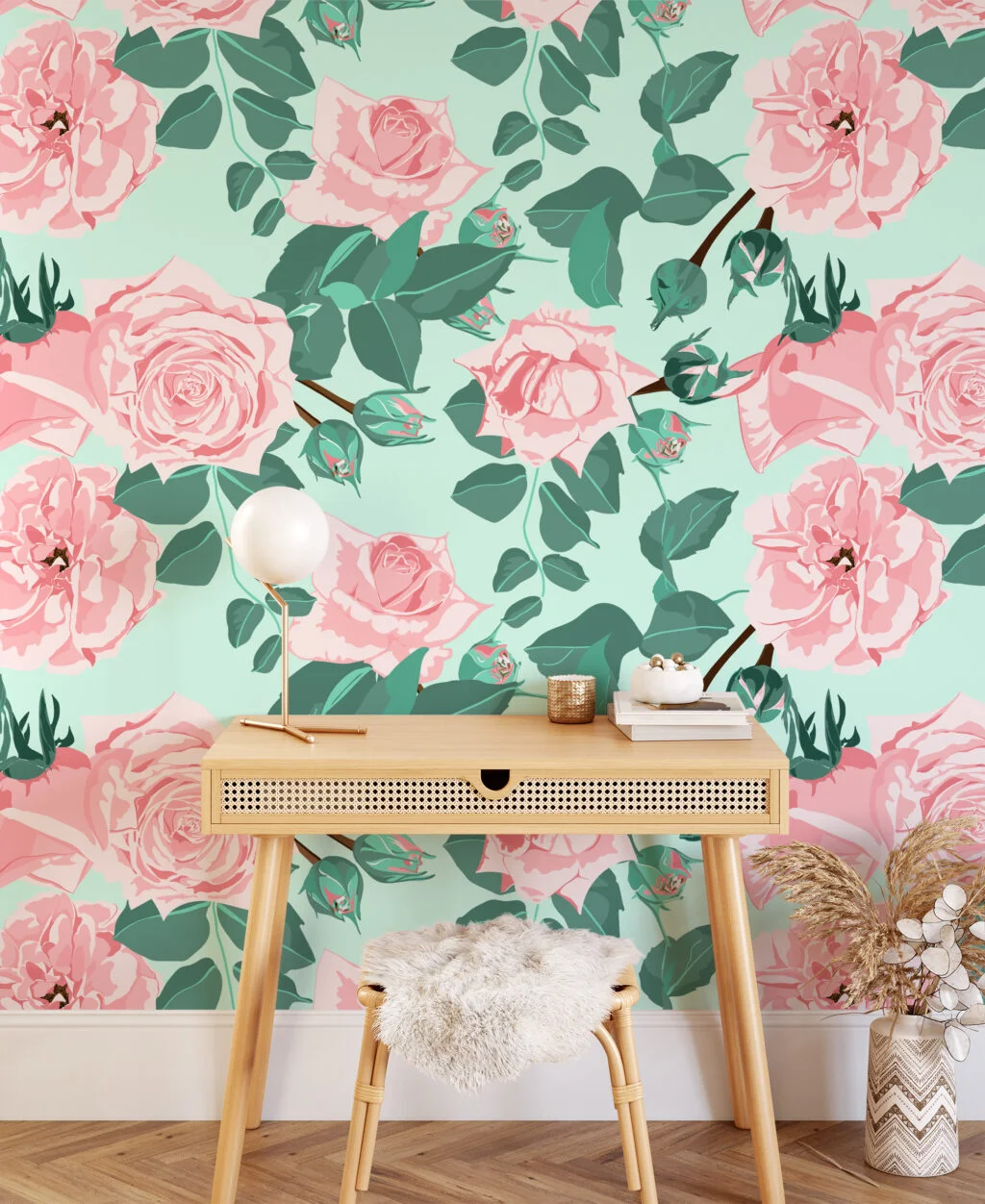 Pastel Pembe Yeşil Güller Duvar Kağıdı, Soft Pembe Çiçekler Duvar Posteri Çiçekli Duvar Kağıtları 4