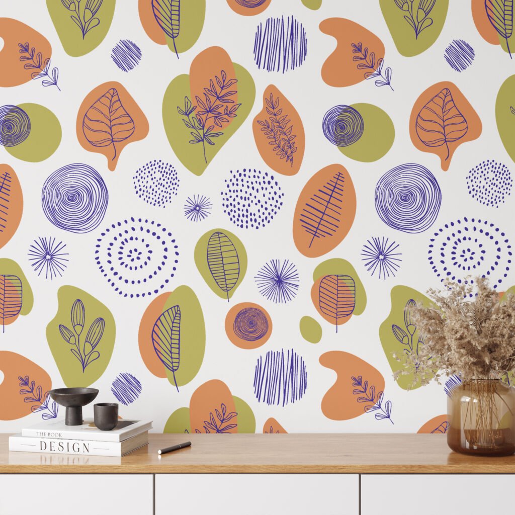 Yaprak Desenli Duvar Kağıdı, Doğa Temalı Soyut Yaprak Motifli 3D Duvar Posteri Line Art Duvar Kağıdı 5
