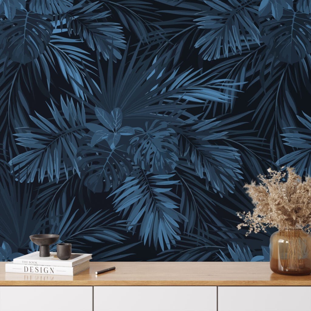 Gece Mavisi Tropikal Yapraklar Duvar Kağıdı, Lüks Koyu Yaprak Desenli 3D Duvar Posteri Yaprak Desenli Duvar Kağıtları 2