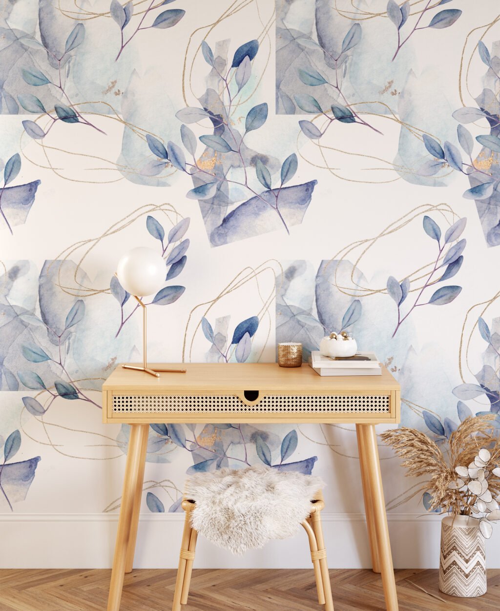 Sulu Boya Tarzı Pastel Yapraklı Dallar Duvar Kağıdı, Mavi Mor Yapraklar 3D Duvar Posteri Çiçekli Duvar Kağıtları 3