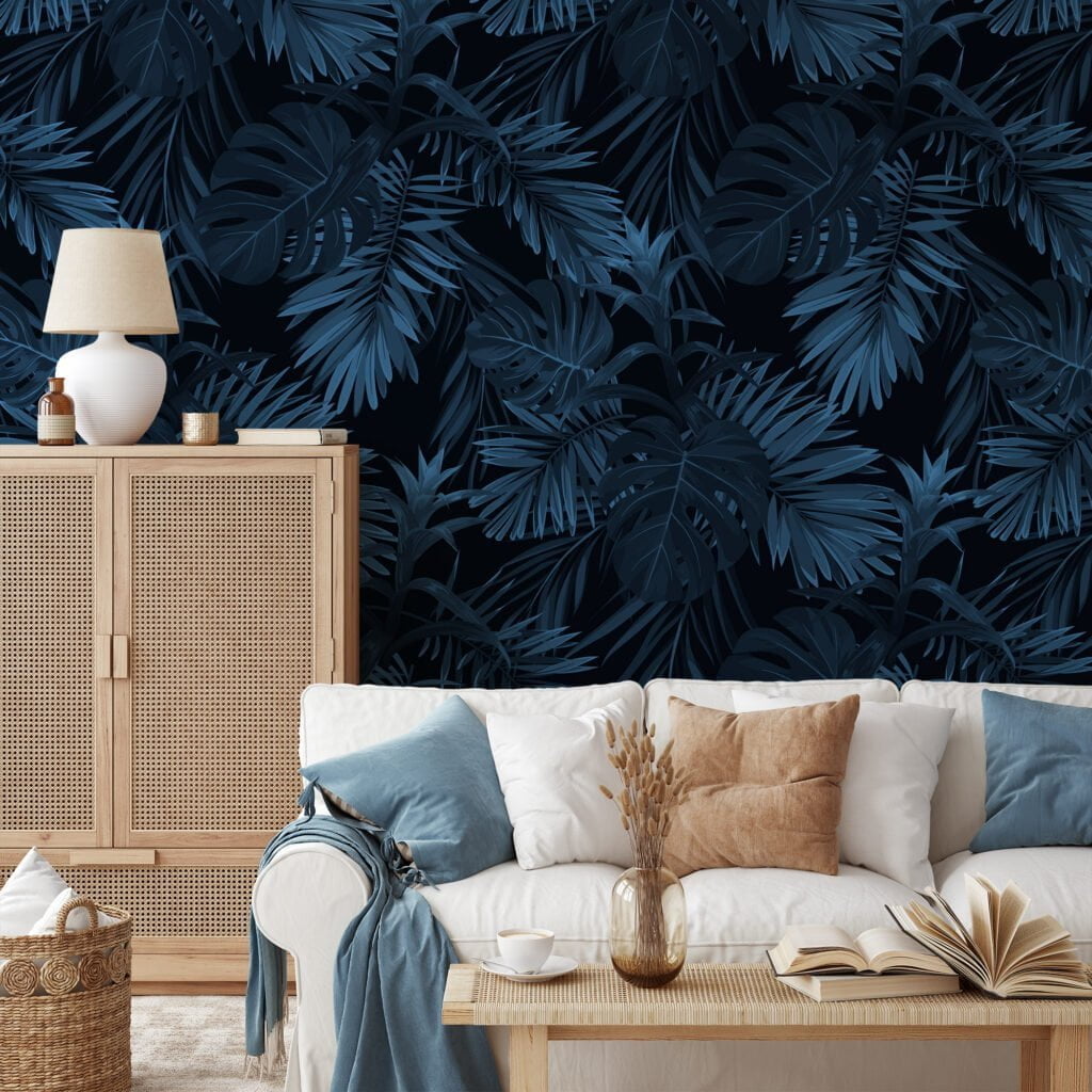 Koyu Mavi Tropikal Yapraklar Duvar Kağıdı, Koyu Şık 3D Yaprak Desenli Duvar Posteri Yaprak Desenli Duvar Kağıtları 6