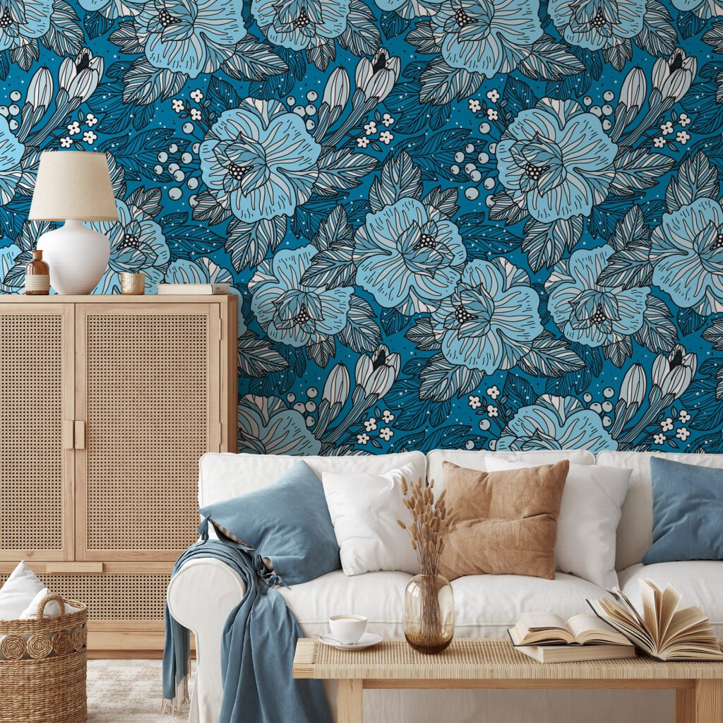 Mavi Renkli Çerçeveli Çiçek Desenli Duvar Kağıdı, Mavi Çiçek Tasarımı 3D Duvar Posteri Çiçekli Duvar Kağıtları 6